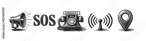 A retro black and white illustration of five icons representing emergency services: a megaphone, SOS text, an old telephone, a signal tower, and a map pin.