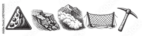 A collection of black and white illustrations depict a rockfall warning sign, a crumbling cliff, dense foliage, a safety net, and a pickaxe, conveying themes of danger, nature, and tools.