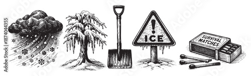 A black and white illustration depicting elements of winter survival including a snow cloud, icy tree, shovel, ice warning sign, and survival matches.