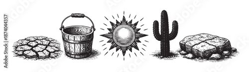 This black and white illustration features iconic desert elements arranged horizontally, including cracked dry earth, a wooden bucket, a radiating sun, a saguaro cactus, and rocks.