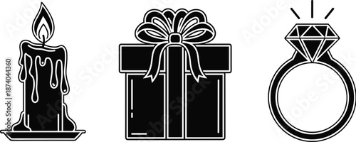 Black and white romantic vector icons of candle, gift box, and sparkling diamond ring for love, celebration, and proposal design