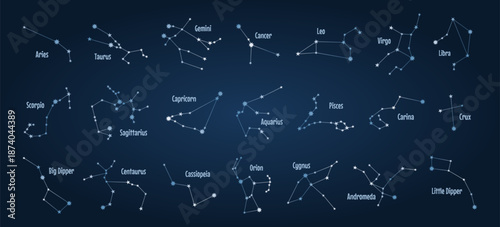 Set of zodiac constellation blue sign. Astrology vector illustration