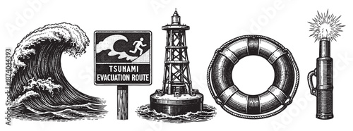 A graphic illustration in a retro woodcut style depicting a large crashing wave, a tsunami evacuation route sign, a lighthouse, a life preserver, and a signal flare.