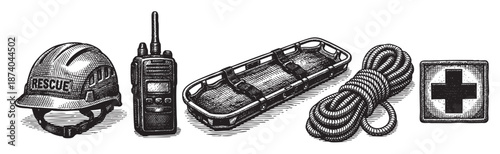 A vintage black and white illustration depicts essential rescue equipment, including a helmet, radio, stretcher, rope, and medical cross symbol.