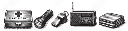 Black and white illustration of essential survival gear including a first aid kit, flashlight, whistle, radio, and blankets on a white background.