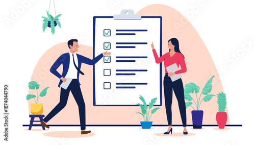 Professional colleagues managing a project checklist and ticking off completed tasks for quality control and business productivity in a modern flat design vector illustration