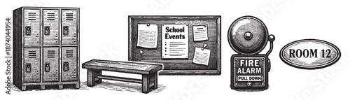 A vintage black and white woodcut style illustration depicts a school hallway scene with lockers, a bench, a bulletin board, and a fire alarm.