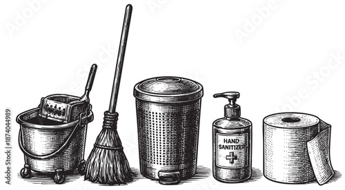 A black and white woodcut illustration depicts essential cleaning tools and hygiene products arranged in a row, including a mop bucket, broom, trash can, hand sanitizer, and toilet paper.