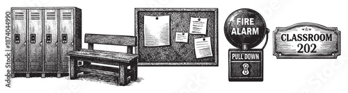 A vintage black and white woodcut style illustration depicts a school hallway scene with lockers, a bench, a bulletin board, and a fire alarm.