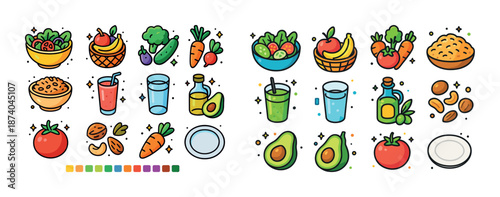 Colorful food and drink icons: vegetables, fruits, and beverages