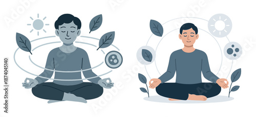 Calm young asian male meditating with nature elements in two styles