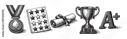 A vintage engraving style illustration depicts a collection of academic and athletic achievement symbols including a medal, stars, a diploma scroll, a trophy cup, and an A+ grade.