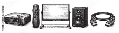 This vintage woodcut style illustration features a collection of modern technology equipment including a projector, presentation clicker, whiteboard, speaker, and HDMI cable.