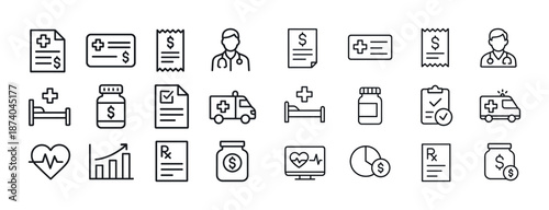 Medical billing and healthcare icons set featuring doctor, hospital bed, and prescription symbols
