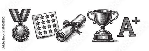 A vintage engraving style illustration depicts a collection of academic and athletic achievement symbols including a medal, stars, a diploma scroll, a trophy cup, and an A+ grade.