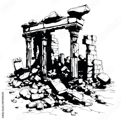 Hand drawn line art illustration of ancient ruins depicting a destroyed temple for historical or architectural designs