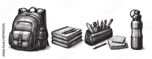 A black and white ink drawing depicts a school backpack, notebooks, pen case with writing tools, and a water bottle arranged neatly on a white background.
