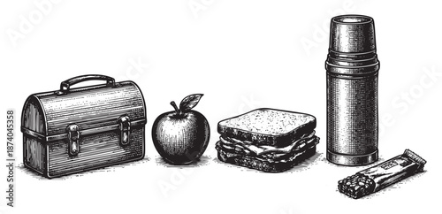 A classic black and white line drawing depicts a vintage metal lunchbox, an apple, a sandwich, a thermos, and a snack bar, evoking nostalgia and healthy eating.