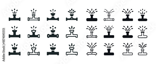 Collection of various black sprinkler icons with water spray patterns