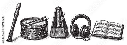 A vintage line art illustration features a recorder, drum, metronome, headphones, and an open sheet music book against a white background, evoking a sense of musical education and history.