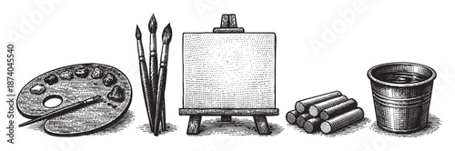 A vintage-style, black and white sketch depicts a wooden palette with paint, paintbrushes, an easel with a blank canvas, chalk sticks, and a cup.