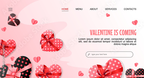 Valentines Is Coming landing web page template with heart shaped gift boxes. Valentines day vector illustration