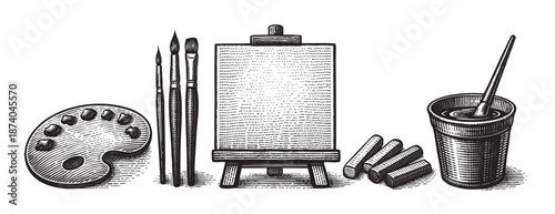 A classic black and white illustration depicts a collection of art supplies including an easel with a blank canvas, paintbrushes, a palette, chalk sticks, and a water cup.