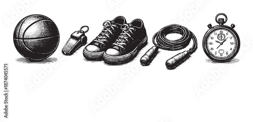 A monochromatic, vintage-style illustration features a basketball, whistle, sneakers, jump rope, and stopwatch arranged on a white background, perfect for fitness or sports concepts.
