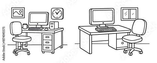 Side-by-side black and white office desk setups with computers, chairs, clock, and window