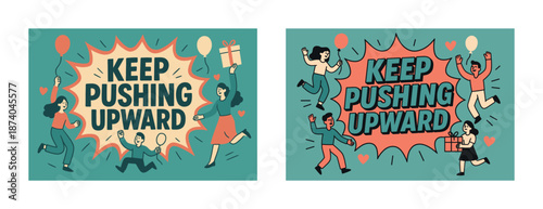 Motivational artwork with diverse people celebrating and encouraging progress