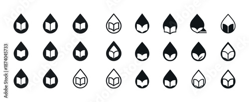 Black and white teardrop icons with open book symbols in various styles