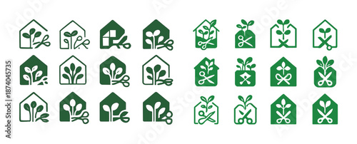 Greenhouse plant icons set with leaf and scissors designs