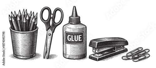 A vintage engraving style illustration showcases a collection of essential office supplies, including pencils, scissors, glue bottle, stapler, and paper clips, isolated on a white background.