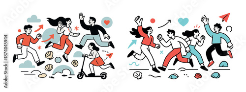 Active group of diverse young adults enjoying outdoor activities in cartoon style