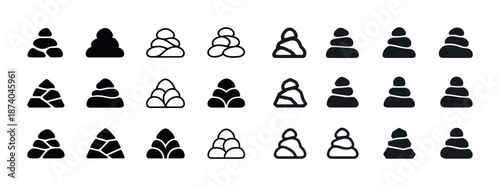 Black and white stone cairns icons set - various rock stack designs in row pattern