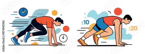 Dynamic male athletes sprinting in colorful abstract design