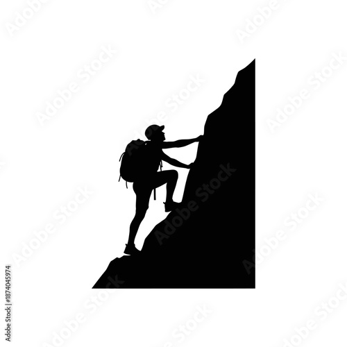 Black Silhouette Hiker with Backpack Ascending Challenging Mountain Cliff Vector 