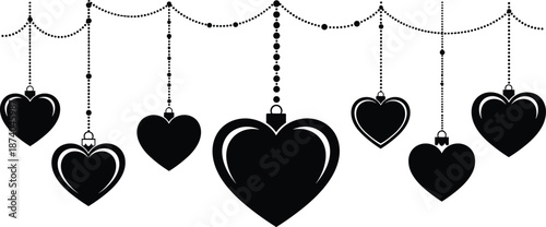 Hanging black heart ornaments with decorative bead garland for romantic celebration, love theme, valentine design, wedding vector illustration art