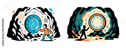 Silhouetted figures exploring ancient cave portals with intricate symbols