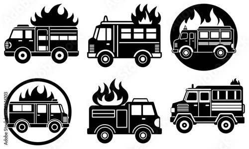 Six Black and White Fire Truck Silhouettes with Flames on Transparent Background