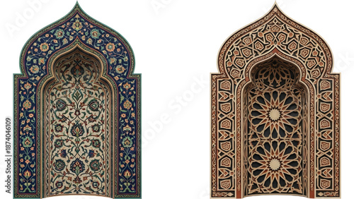 Two Islamic mihrabs side by side, one with floral motifs, one with geometric motifs