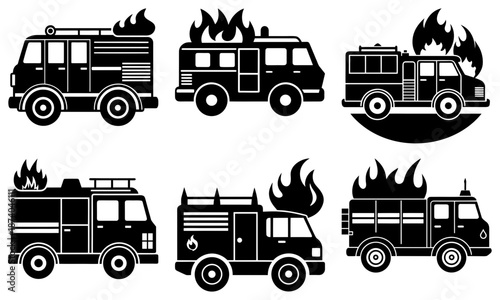 Six Black Fire Trucks with Flames Silhouettes on White Background