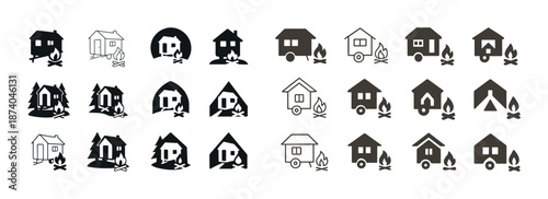 Camping icons: cabins, campfires, forests, tents, trailers in black and white stencil style