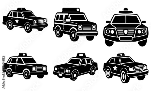 Six Black and White Taxi Car Silhouettes on White Background
