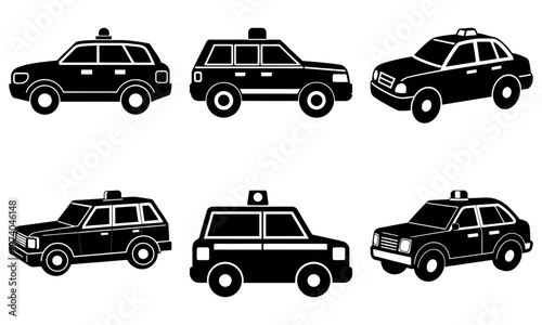 Six Black Taxi Cabs in Silhouette on White Background vehicle