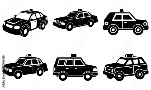 Six Black Taxi Cabs with Roof Lights on White Background vehicle