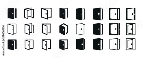 Collection of open and closed door icons in black and white
