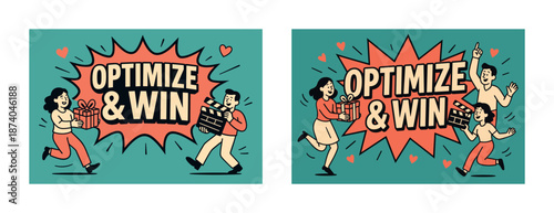 Optimize and win: happy cartoon adults celebrate success with gifts