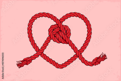 Hand drawn illustration of a red rope knotted into a heart shape with frayed ends on a soft pink textured background