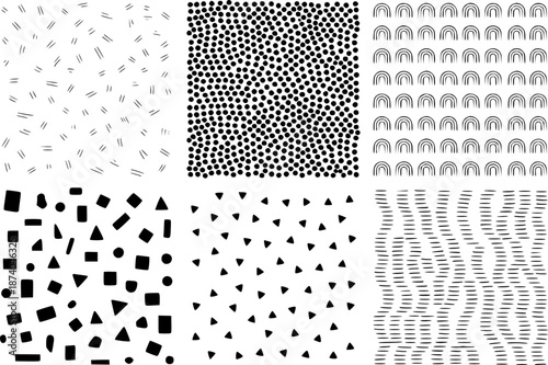 Black and white abstract patterns featuring dots lines rainbows squares triangles and irregular shapes